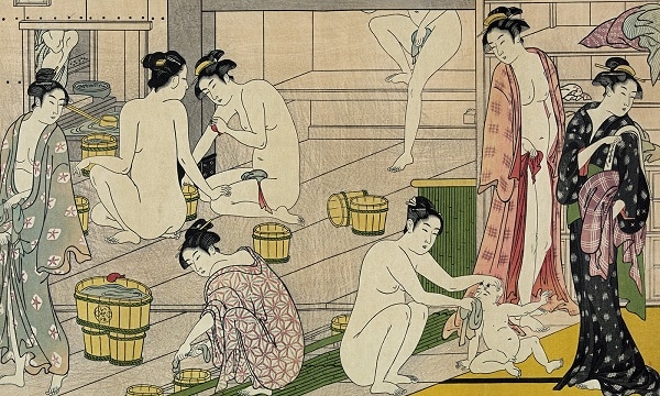 Communal nude bathing artwork from Japan – “Bathhouse women” by Torii Kiyonaga, 1752-1815 (Library of Congress)